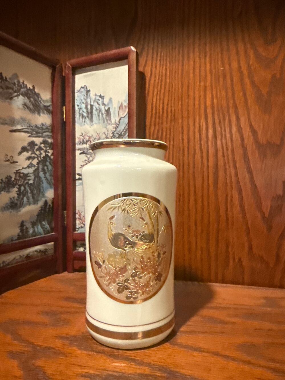 Vintage Japanese Chokin Art Vase Gold Silver Metal Engraved Samurai Bird Floral